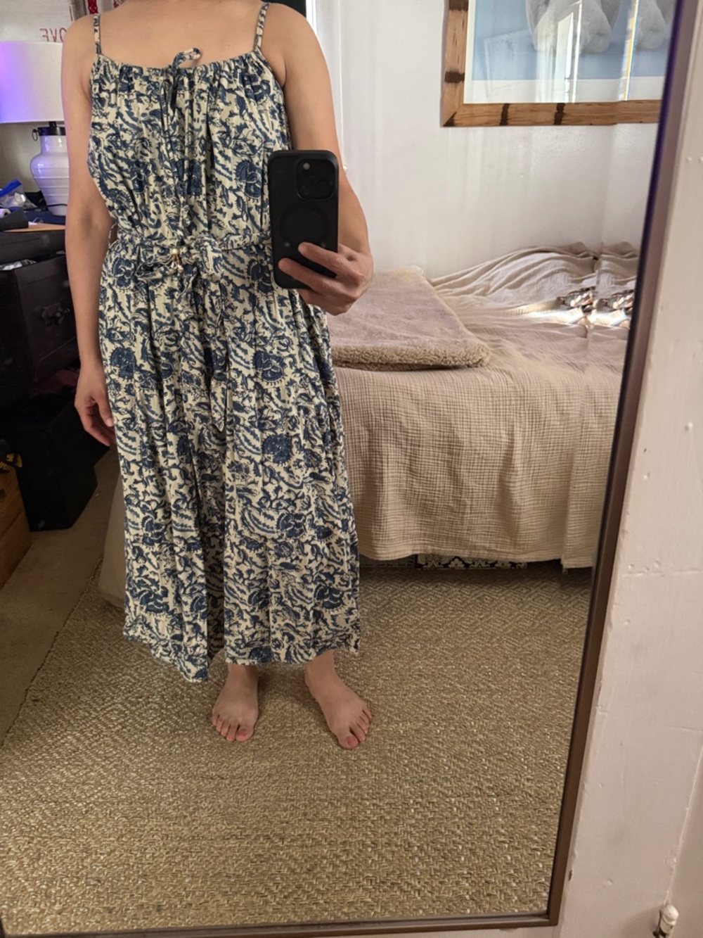 NATURAL LIFE Cream and Blue Floral Tie-Waist Midi Dress